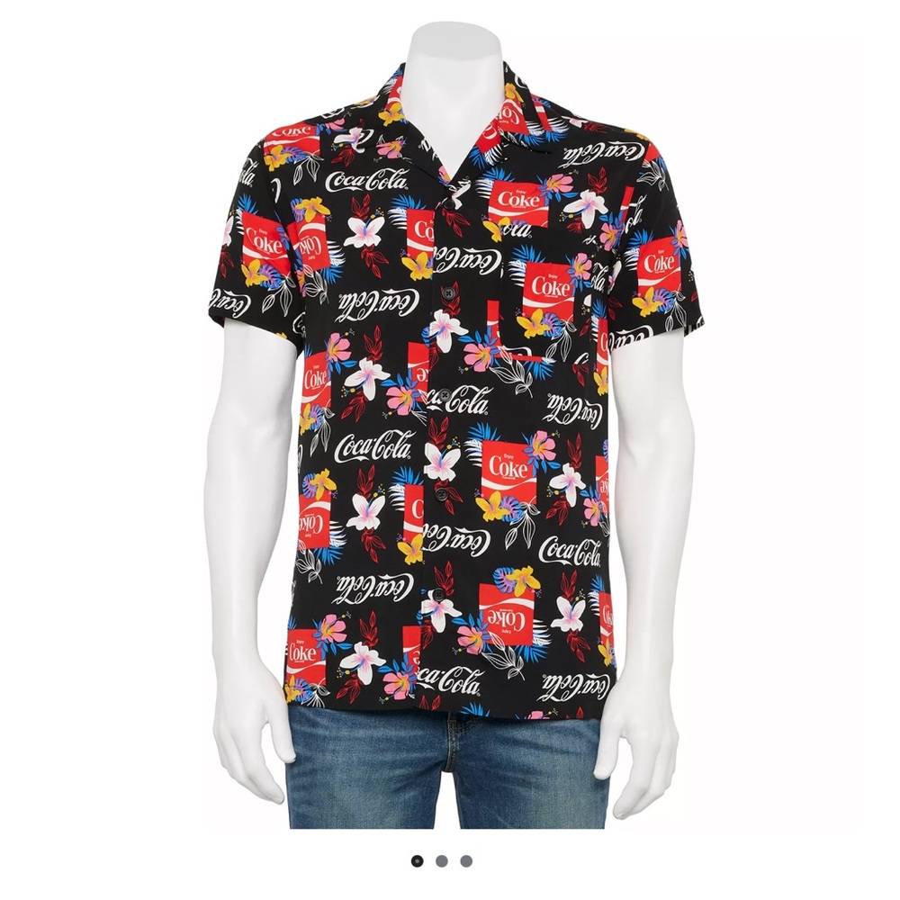 Coca Cola Men’s Black Floral Logo Camp Shirt